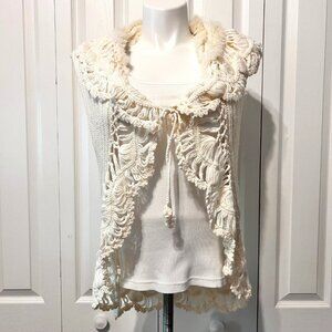 Paris Dreams-Rabbit Fur Wool Blend Crocheted Vest-Women's Size Large-Cream-Tie